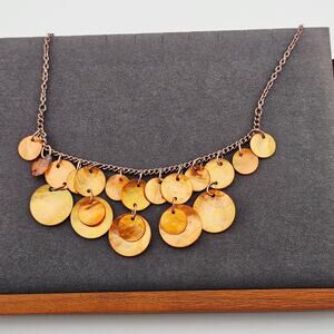 Copper Tone Medallion Fringe Necklace Coin Charm Dangle Artsy Hippie Boho